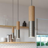 kleine hanglamp hout en titanium minimalistisch e14 fitting 