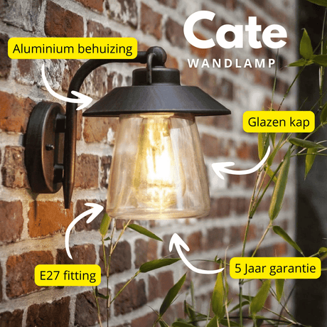 Buitenlamp glas e27 fitting cate modern voordeur metaal zwart design lamp