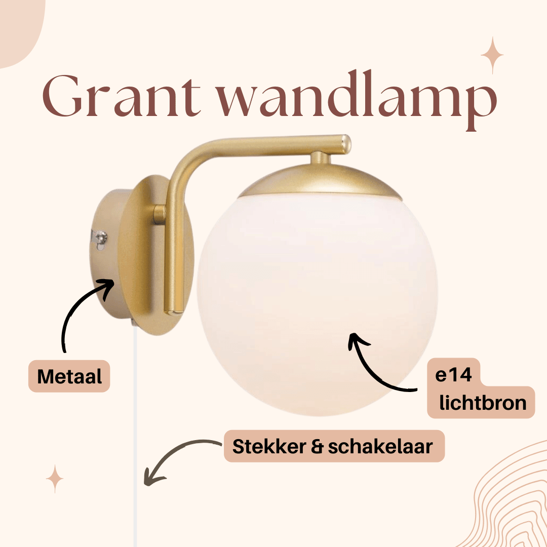 Messing wandlamp e14 fitting design Nordlux Grant opaal glas