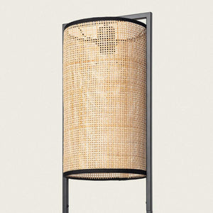 Staande vloerlamp zwart metaal & bruine rotan kap E27 fitting vloerschakelaar 'Holly' 139 cm