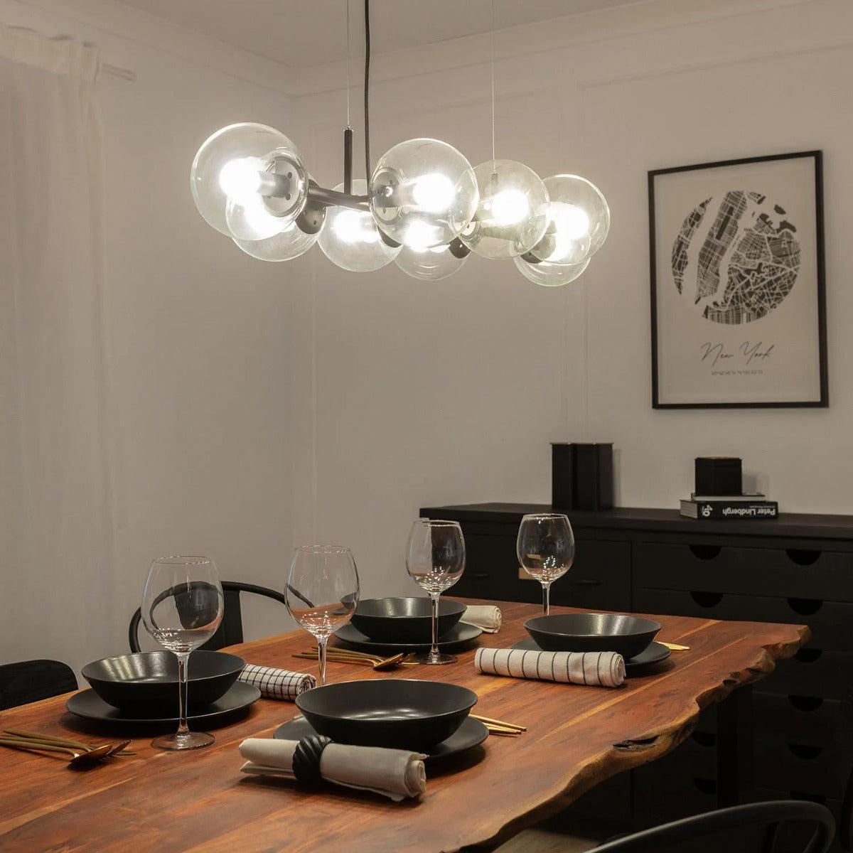 Hanglamp eettafel zwart met 8 glazen kappen E14 fitting 'Mercier'