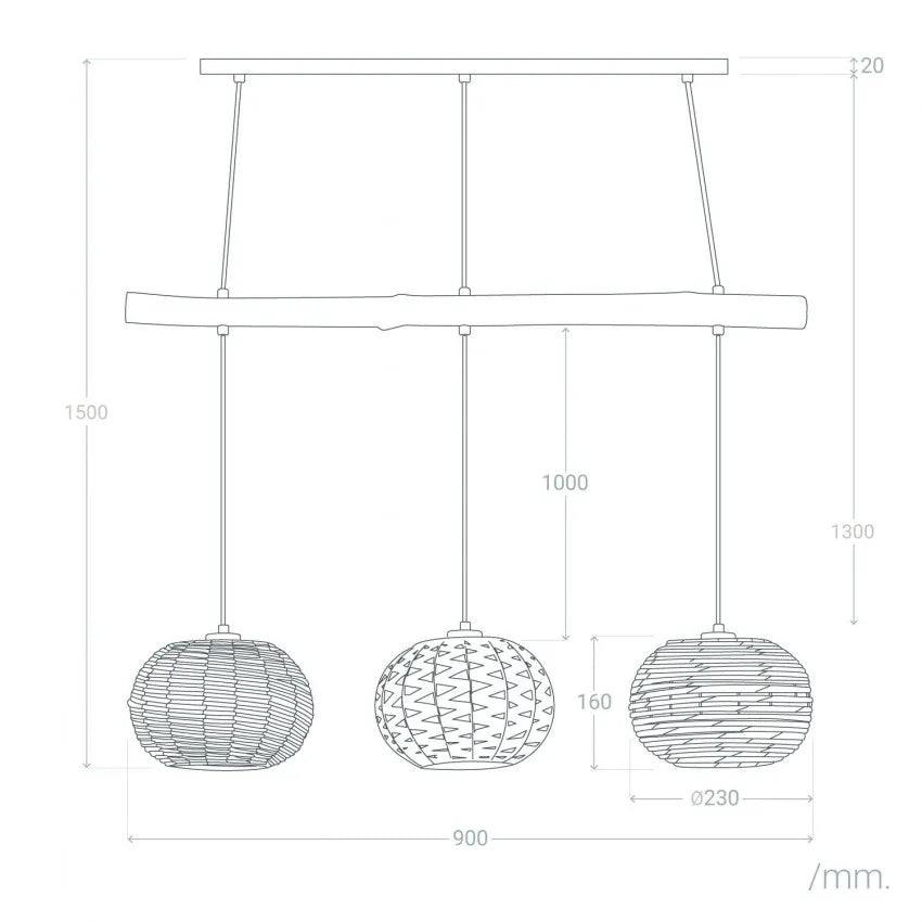 Hanglamp gevlochten 'Linde' 3x E27 fitting houten balk 147cm - FOIR