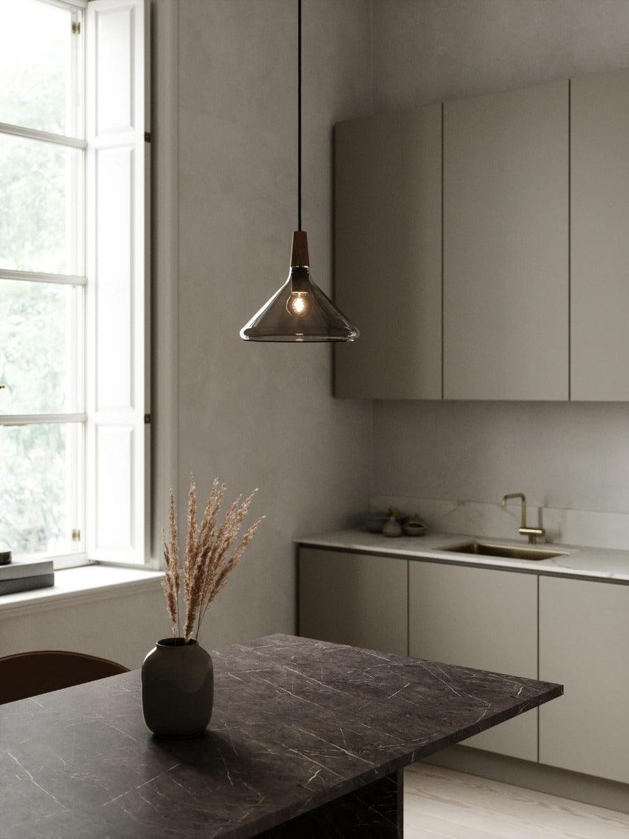 Hanglamp smokeglas e27 fitting hout designverlichting 