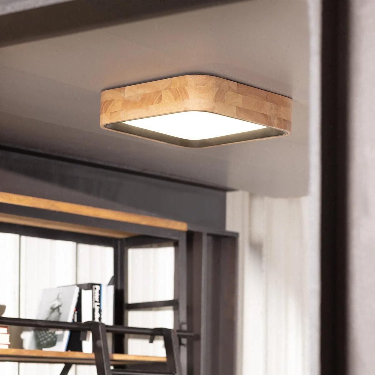 Plafondlamp met LED vierkant hout & zwart 370mm 'Normand'