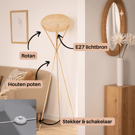 Staande lamp gevlochten rotan e27 fitting modern