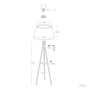 Staande lamp hout Vloerlamp 'Qais' stoffen kap poten witte kap 153cm