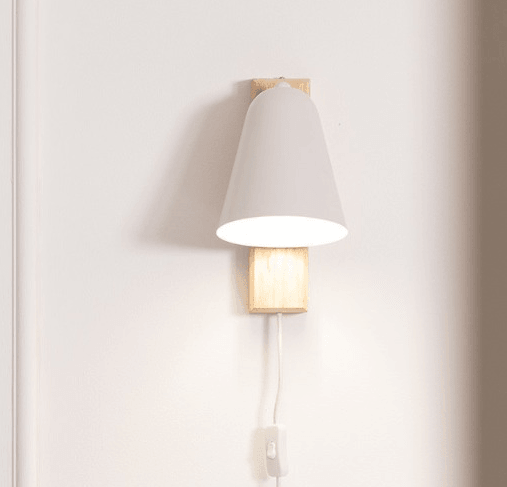 Wandlamp stekker 'Marije' hout wit leeslamp slaapkamer e27 schakelaar hout