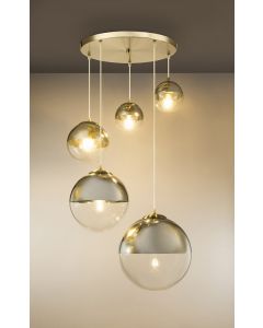 Hanglamp glas 5 bollen 'Varus' 5x E27 metaal goud - doorzichtig glas 150mm tot 300mm