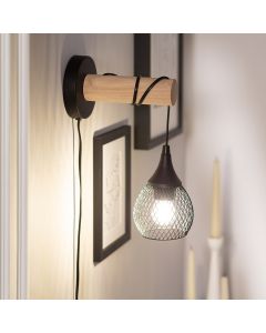 Wandlamp slaapkamer zwart 'Mona' met stekker E27 fitting hout kooi industrieel
