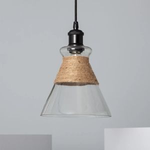 hanglamp met glazen kap en rotan kabel bruin zwart en glas e27 fitting woonkamer eetkamer