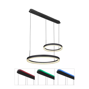Hanglamp 2 ringen zwart met ingebouwde LED lichtbron en RGB dimbaar met CCT en afstandsbediening 