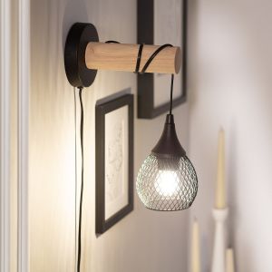 Wandlamp slaapkamer zwart 'Mona' met stekker E27 fitting hout kooi industrieel