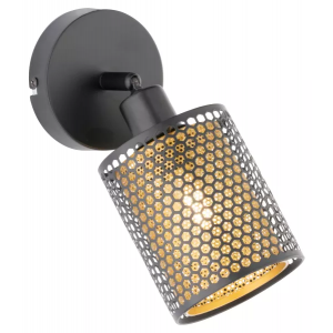 Wandlamp zwart met goud gaas kap & E14 fitting 'Cheval'