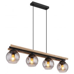 Brede hanglamp globo lighting smokeglas hout en metaal e27 fittingen dimbaar voor boven de eettafel of kookeiland 