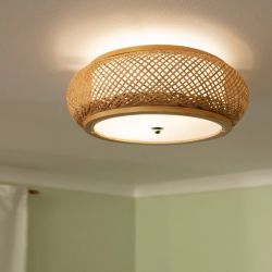 Plafondlamp met e27 fitting rond gevlochten bamboe