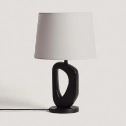 Tafellamp zwart wit met e27 fitting stekker en schakelaar modern houten voet stoffen kap 