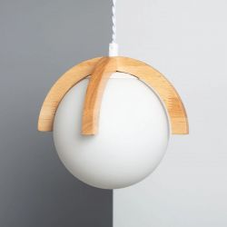 Kleine ronde hanglamp opaalglas en hout e14 fitting minimalistisch 