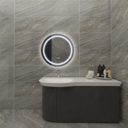 Moderne ronde spiegel met ingebouwde LED lichtbron en klok 