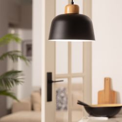 Hanglamp zwart met hout rond e27 fitting led lamp