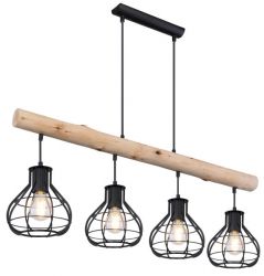 Hanglamp houten balk met kooilampen e14 fitting
